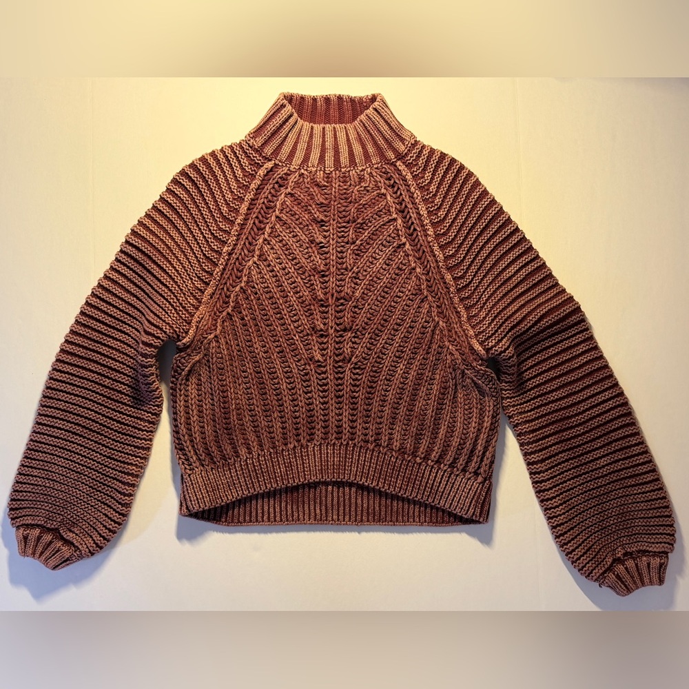 Free People Sweetheart Mock Neck Chunky Knit Acid Wash Sweater Garnet Grotto S - Picture 5 of 16